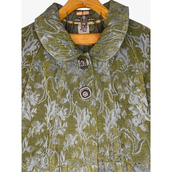Ivy Jane Jacquard Coat Balloon Sleeves Jacket Green Blue Jeweled Buttons Size: S - Picture 2 of 7